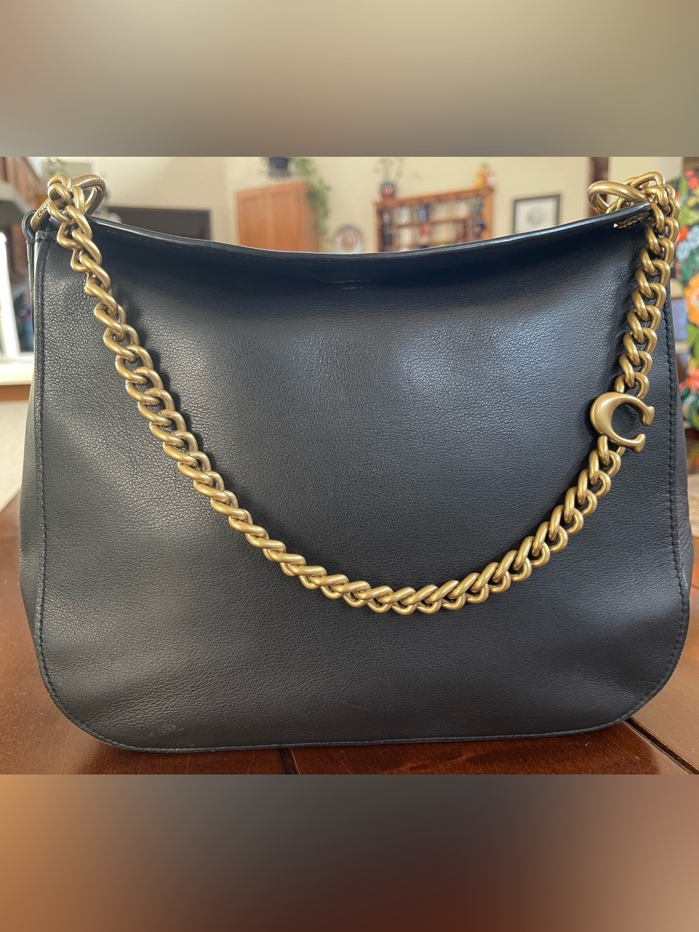 Coach Black Leather Shoulder Bag with Gold Chain